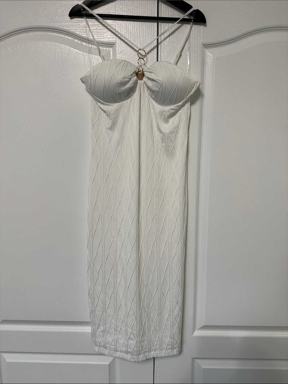 Fashion Nova White Strapless Midi Dress with Gold Accent Size L - Picture 5 of 7